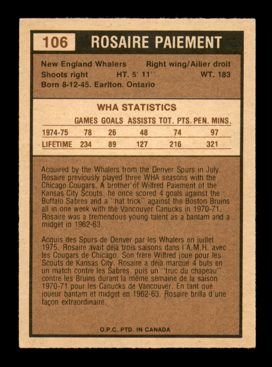 Rosaire Paiement Autographed 1975-76 O-Pee-Chee WHA Card #106 Hartford Whalers SKU #251849