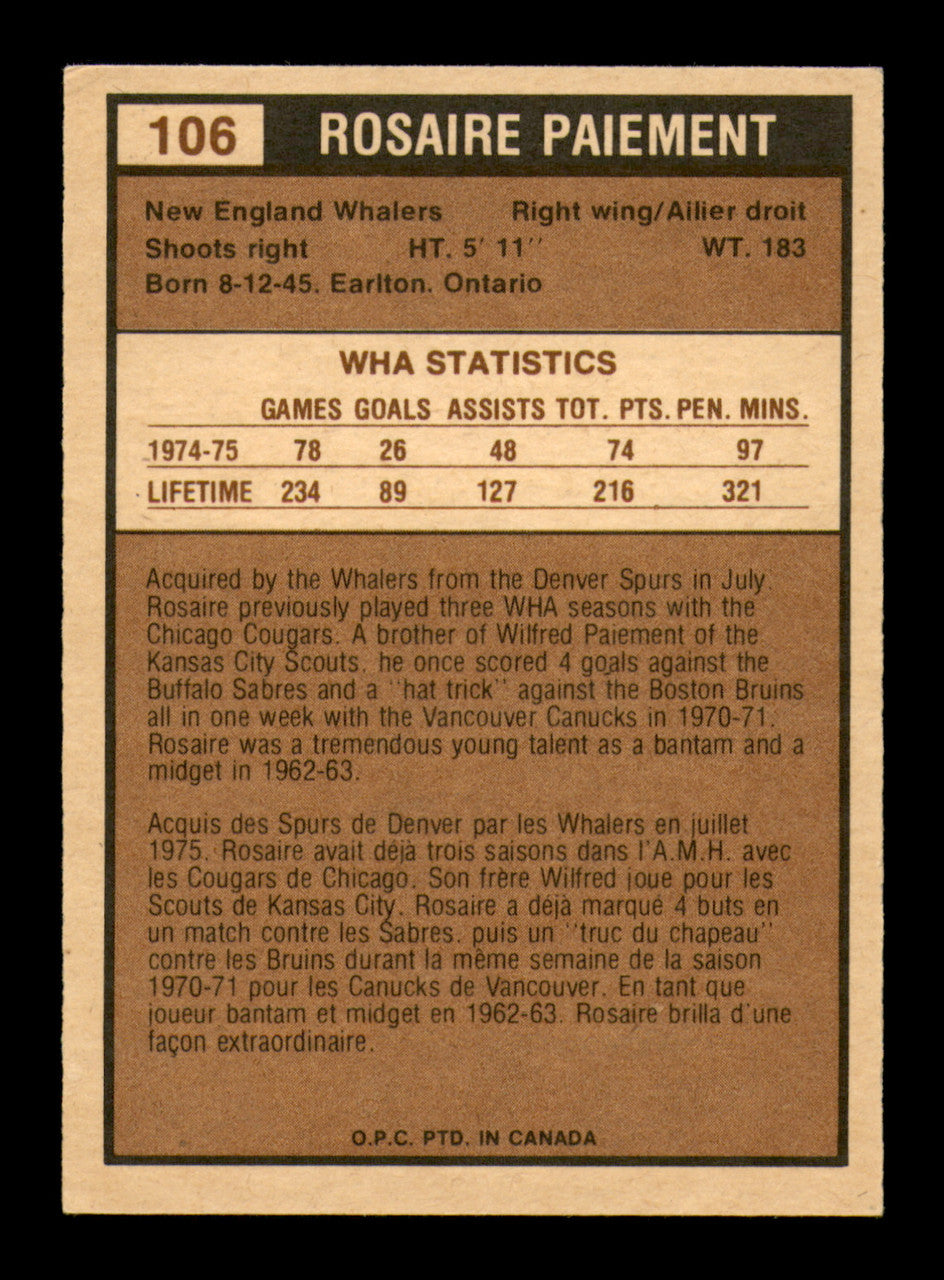 Rosaire Paiement Autographed 1975-76 O-Pee-Chee WHA Card #106 Hartford Whalers SKU #251852