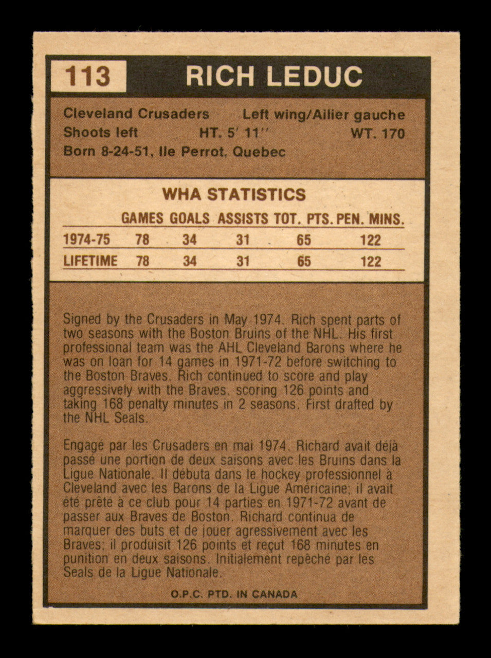 Rich Leduc Autographed 1975-76 O-Pee-Chee WHA Card #113 Cleveland Crusaders SKU #251863