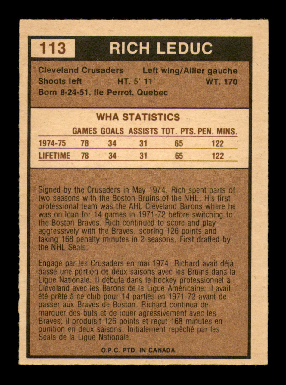 Rich Leduc Autographed 1975-76 O-Pee-Chee WHA Card #113 Cleveland Crusaders SKU #251864