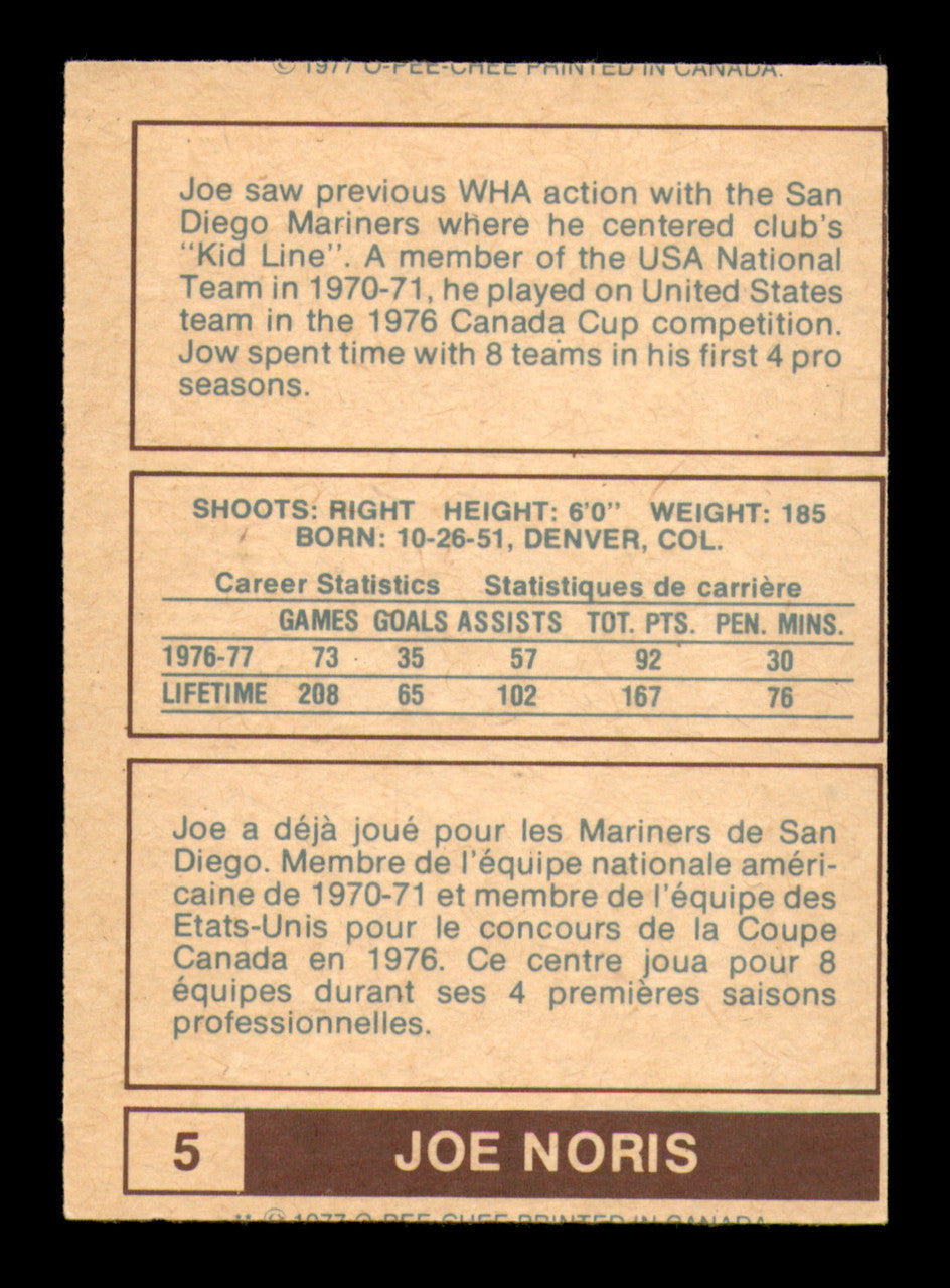 Joe Noris Autographed 1977-78 O-Pee-Chee WHA Card #5 Birmingham Bulls "Best Wishes" SKU #251891