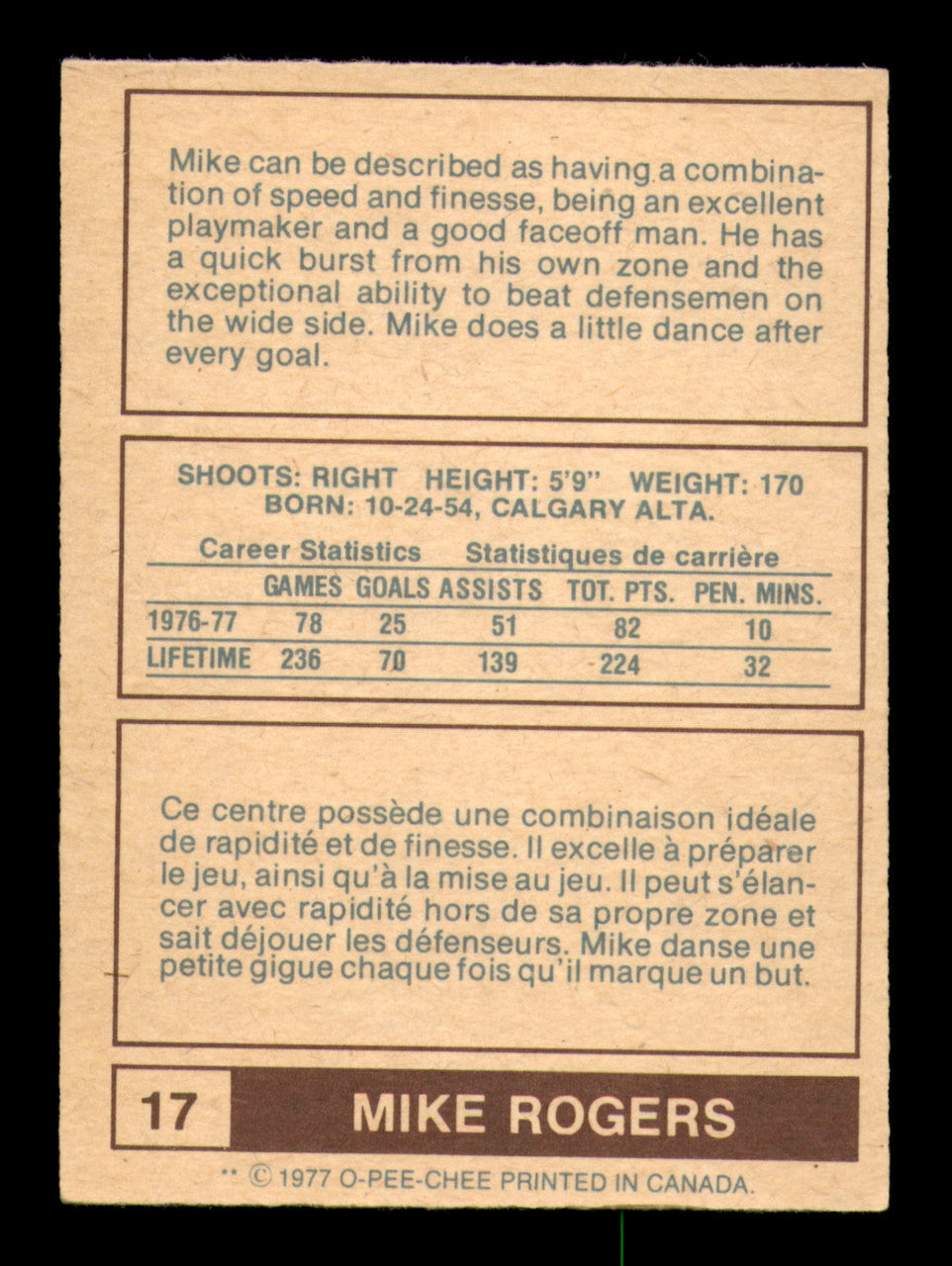 Mike Rogers Autographed 1977-78 O-Pee-Chee WHA Card #17 New England Whalers SKU #251893