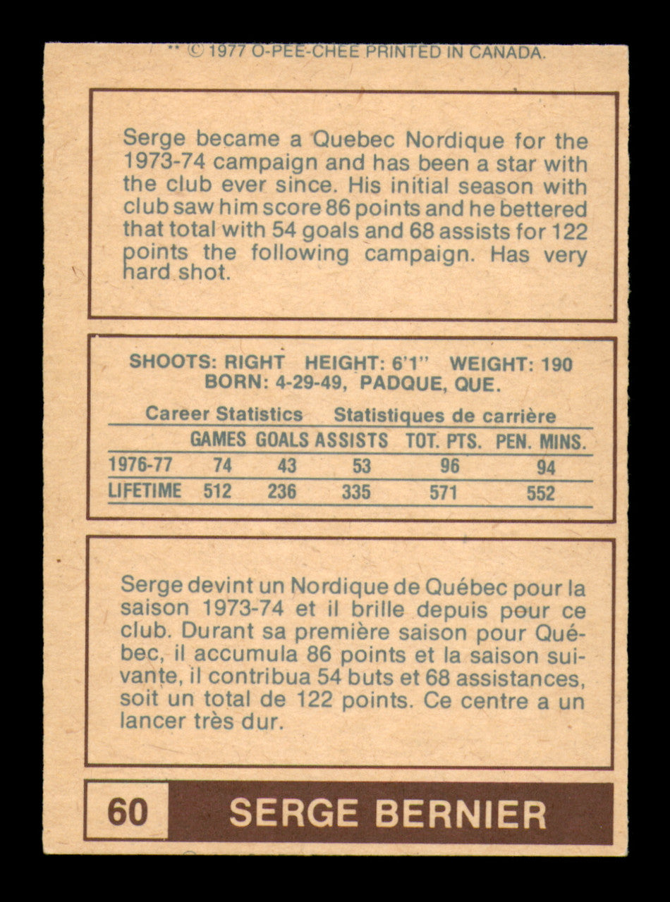 Serge Bernier Autographed 1977-78 O-Pee-Chee WHA Card #60 Quebec Nordiques SKU #251897