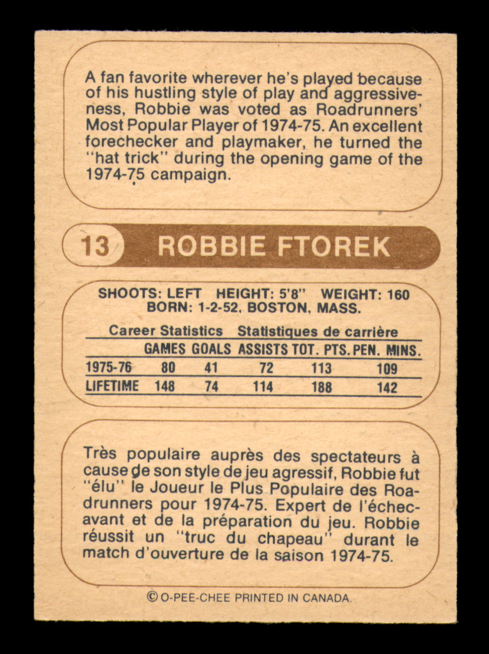 Robbie Ftorek Autographed 1976-77 O-Pee-Chee WHA Card #13 Phoenix Road Runners SKU #251902