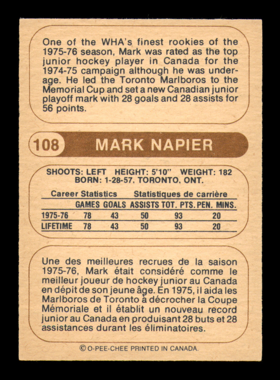 Mark Napier Autographed 1976-77 O-Pee-Chee WHA Card #108 Birmingham Bulls SKU #251921