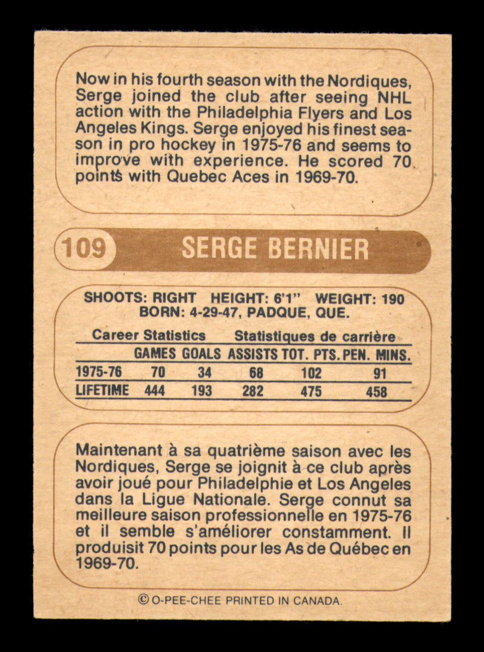 Serge Bernier Autographed 1976-77 O-Pee-Chee WHA Card #109 Quebec Nordiques SKU #251922
