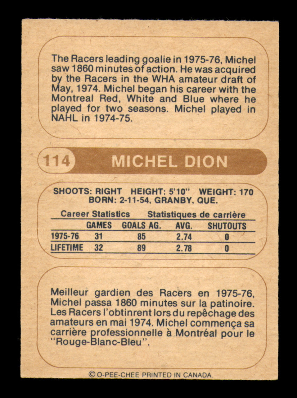 Michel Dion Autographed 1976-77 O-Pee-Chee WHA Card #114 Indianapolis Racers "To Terry" SKU #251924