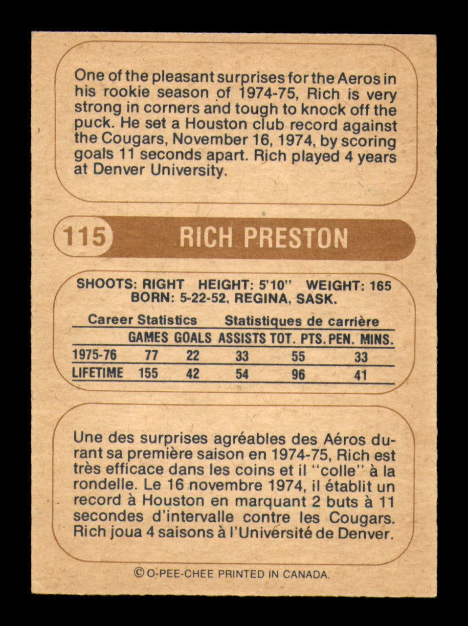 Rich Preston Autographed 1976-77 O-Pee-Chee WHA Card #115 Houston Aeros SKU #251925