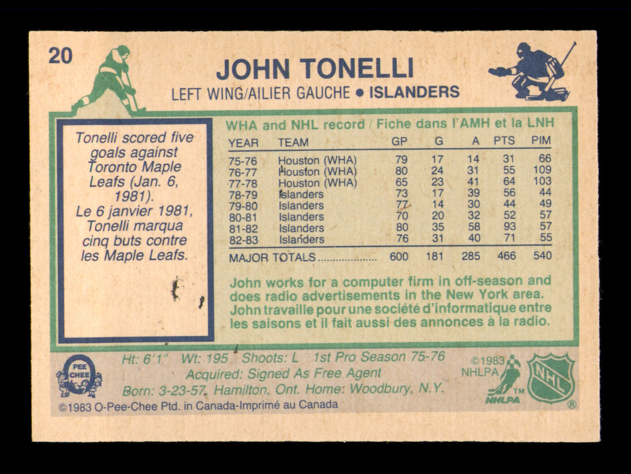 John Tonelli Autographed 1983-84 O-Pee-Chee Card #20 New York Islanders SKU #251949