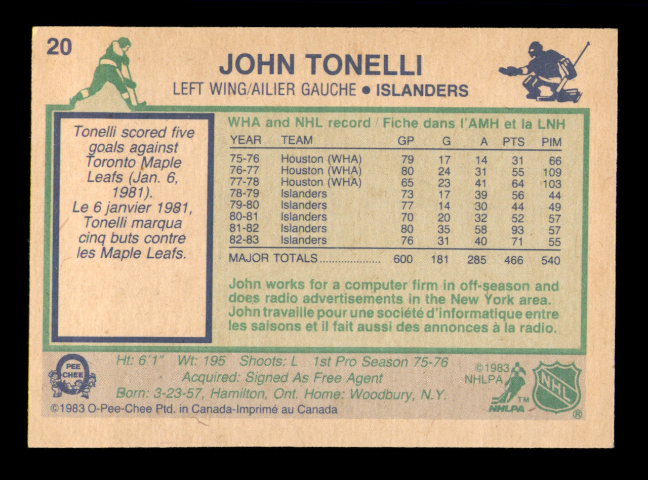 John Tonelli Autographed 1983-84 O-Pee-Chee Card #20 New York Islanders SKU #251951