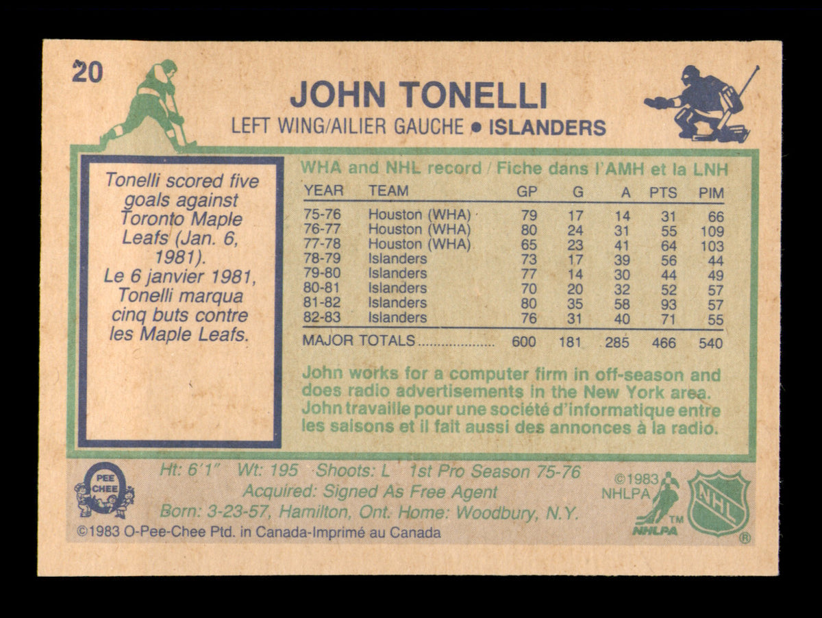John Tonelli Autographed 1983-84 O-Pee-Chee Card #20 New York Islanders SKU #251952
