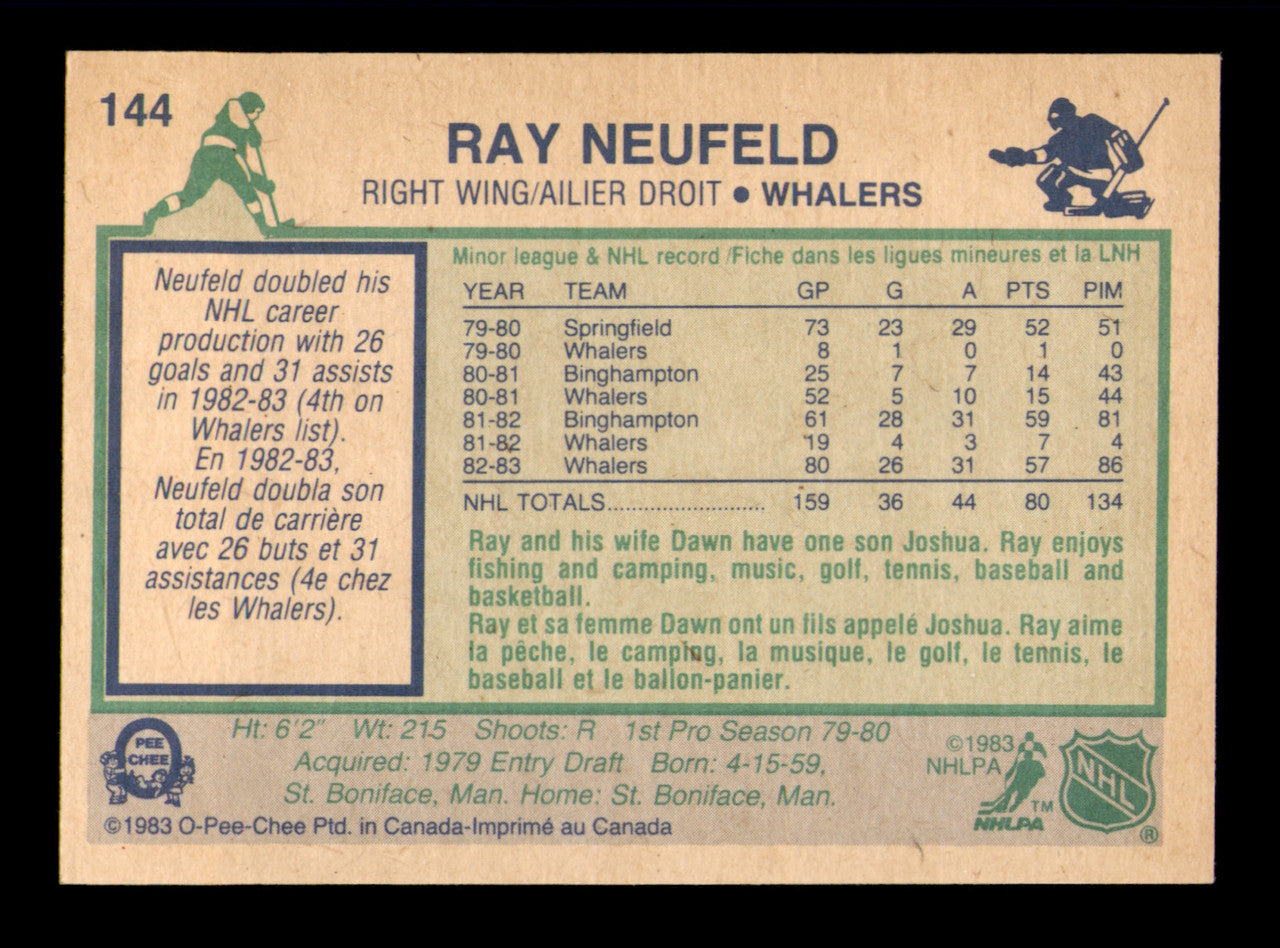 Ray Neufeld Autographed 1983-84 O-Pee-Chee Rookie Card #144 Hartford Whalers SKU #251963