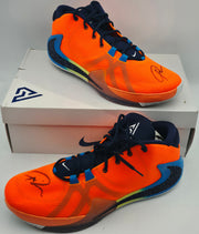 Giannis Antetokounmpo Autographed 2022 Player Exclusive (PE) Promo Duke Blue Devils Nike Zoom Freak 4 NCAA Shoes Size 16 (With Box) Beckett BAS Witness #3W399782 & #3W399783