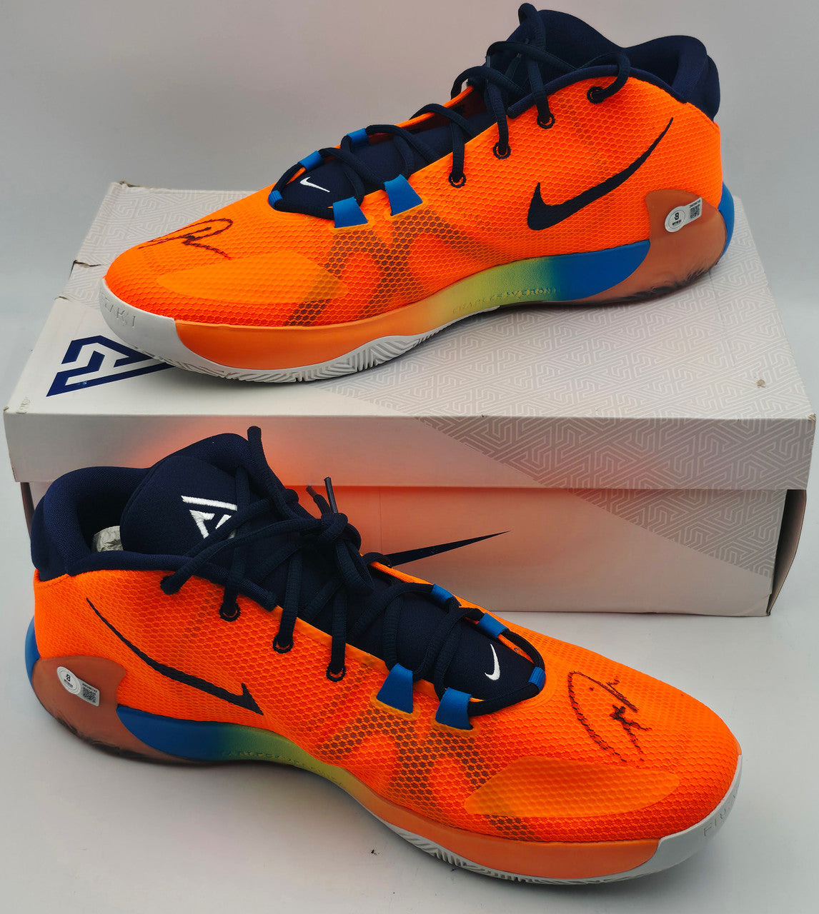 Giannis Antetokounmpo Autographed 2022 Player Exclusive (PE) Promo Duke Blue Devils Nike Zoom Freak 4 NCAA Shoes Size 16 (With Box) Beckett BAS Witness #3W399782 & #3W399783