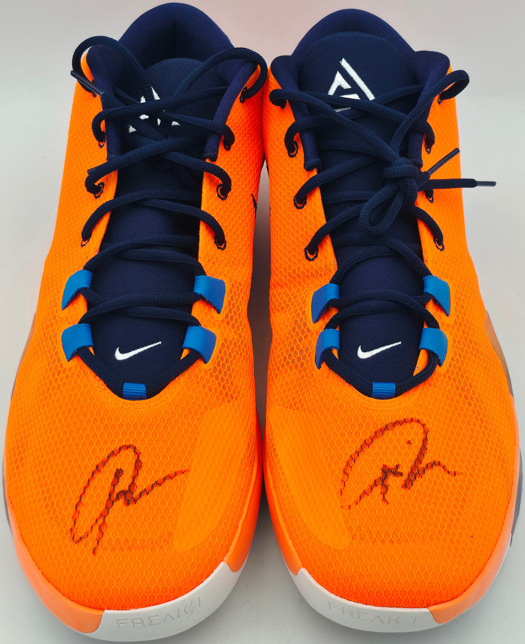 Giannis Antetokounmpo Autographed 2022 Player Exclusive (PE) Promo Duke Blue Devils Nike Zoom Freak 4 NCAA Shoes Size 16 (With Box) Beckett BAS Witness #3W399782 & #3W399783