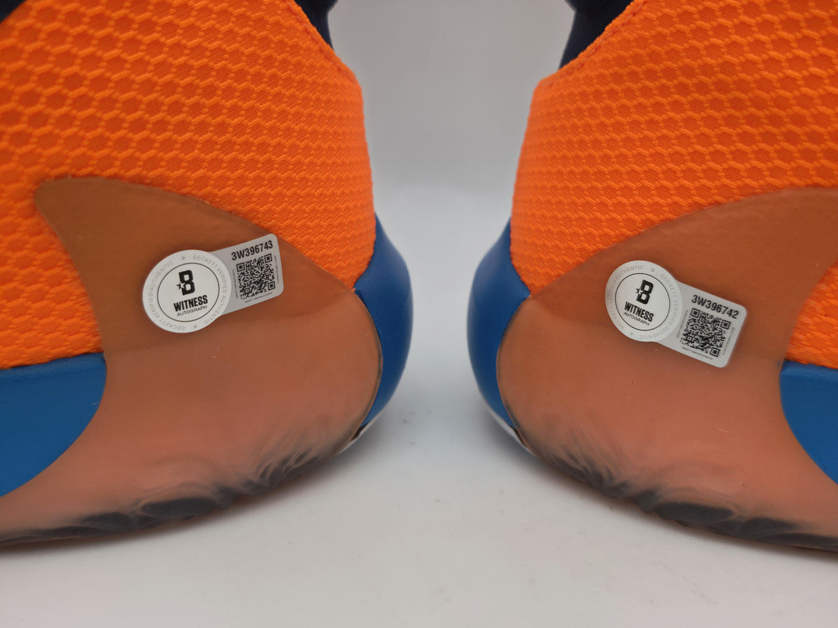 Giannis Antetokounmpo Autographed 2022 Player Exclusive (PE) Promo Duke Blue Devils Nike Zoom Freak 4 NCAA Shoes Size 16 (With Box) Beckett BAS Witness #3W399782 & #3W399783
