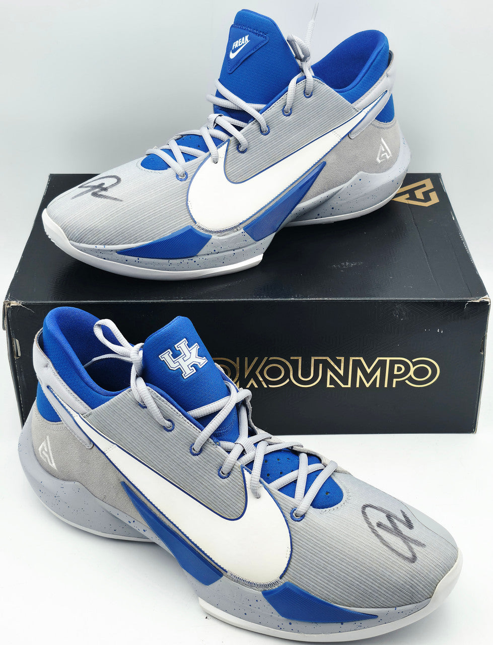Giannis Antetokounmpo Autographed 2021 Player Exclusive (PE) Promo Kentucky Royal Blue Nike Zoom Freak 3 NCAA Shoes Size 16 (No Box) Beckett BAS Witness #3W396444 & #3W396445