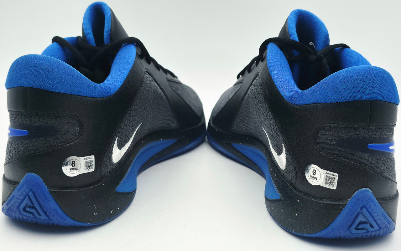 Giannis Antetokounmpo Autographed 2022 Player Exclusive (PE) Promo Royal Blue Nike Zoom Freak 4 NCAA Shoes Size 16 Beckett BAS Witness #3W396586 & #3W396587