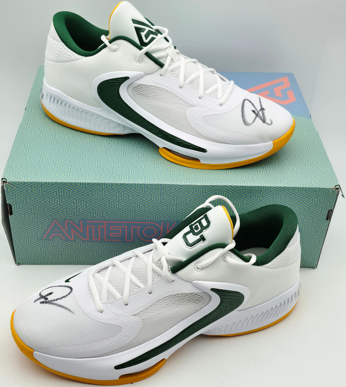 Giannis Antetokounmpo Autographed Vanilla Nike Zoom Freak 4 Shoes Bucks Size 17 (With Box) Beckett BAS Witness #3W396618 & #3W396619