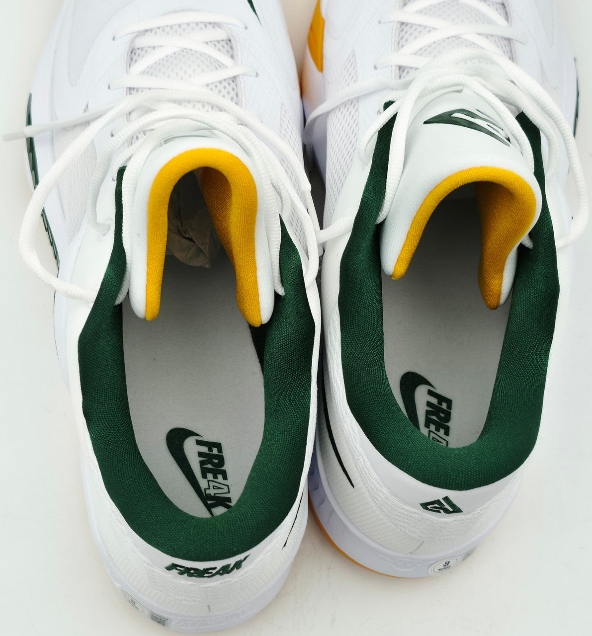 Giannis Antetokounmpo Autographed Vanilla Nike Zoom Freak 4 Shoes Bucks Size 17 (With Box) Beckett BAS Witness #3W396618 & #3W396619