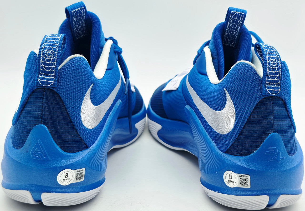 Giannis Antetokounmpo Autographed 2022 Player Exclusive (PE) Promo Villanova Navy Blue Nike Zoom Freak 4 NCAA Shoes Size 16 (With Box) Beckett BAS Witness #3W396289 & #3W396290