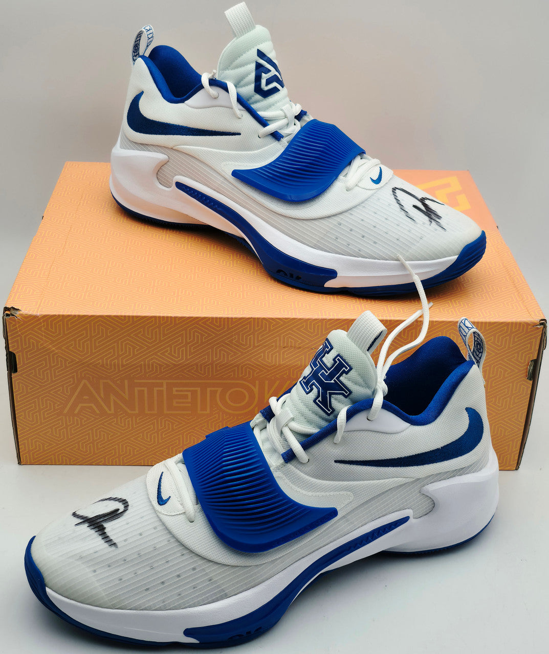 Giannis Antetokounmpo Autographed 2023 Player Exclusive (PE) Promo Blue Nike Zoom Freak 5 Shoes Bucks Size 17 Beckett BAS Witness Stock #252699