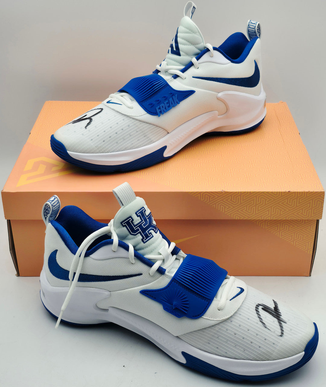 Giannis Antetokounmpo Autographed 2023 Player Exclusive (PE) Promo Blue Nike Zoom Freak 5 Shoes Bucks Size 17 Beckett BAS Witness Stock #252699