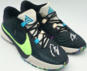 Giannis Antetokounmpo Autographed 2023 Player Exclusive (PE) Promo Duke Blue Devils White Nike Zoom Freak 5 NCAA Shoes Size 17 (With Box) Beckett BAS Witness #3W396654 & #3W396655