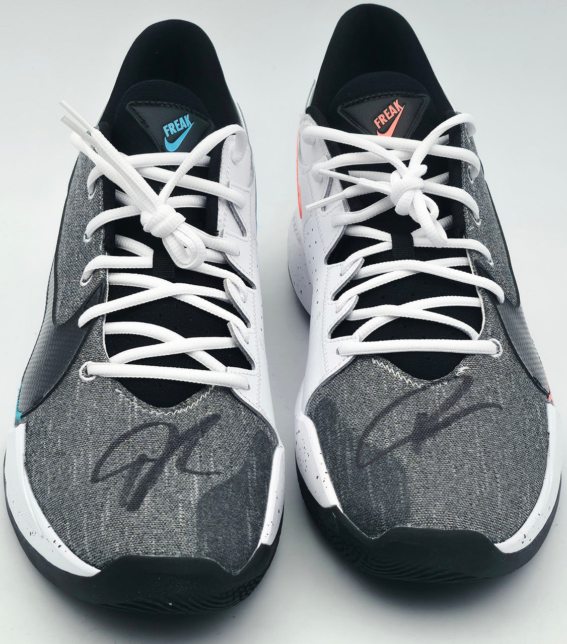 Giannis Antetokounmpo Autographed 2022 Player Exclusive (PE) Promo Duke Blue Devils White Nike Zoom Freak 4 NCAA Shoes Size 17 Beckett BAS Witness #3W397295 & #3W397296