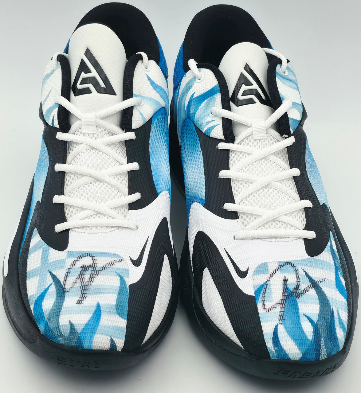 Giannis Antetokounmpo Autographed 2024 Player Exclusive (PE) Promo UConn White Nike Zoom Freak 6 NCAA Shoes Size 17 (No Box) Beckett BAS Witness #3W396931 & #3W396932
