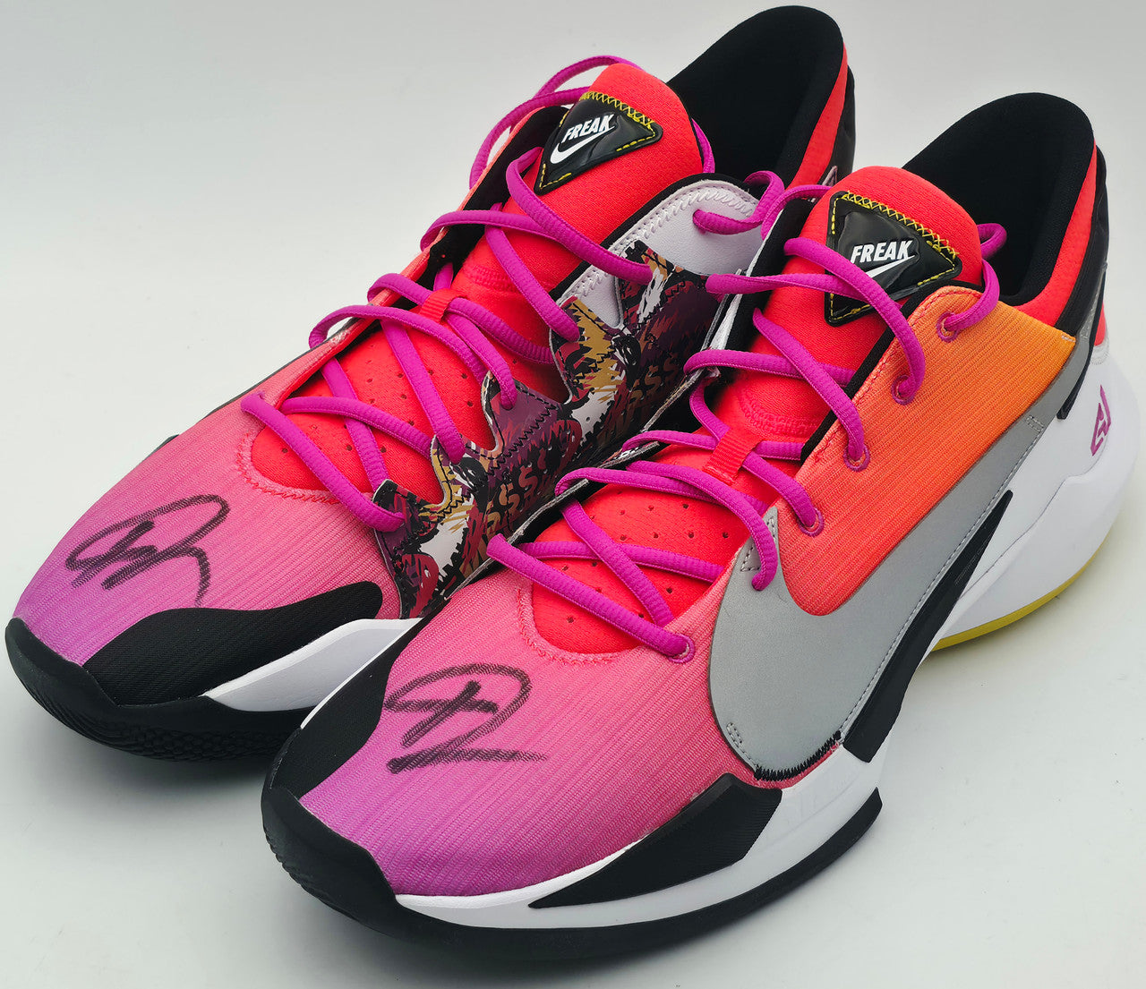 Giannis Antetokounmpo Autographed 2024 Player Exclusive (PE) Promo Crimson Nike Zoom Freak 6 SOS Shoes Bucks Size 17 (No Box) Beckett BAS Witness #3W396865 & #3W396866