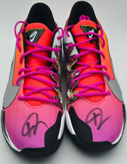 Giannis Antetokounmpo Autographed 2024 Player Exclusive (PE) Promo Crimson Nike Zoom Freak 6 SOS Shoes Bucks Size 17 (No Box) Beckett BAS Witness #3W396865 & #3W396866