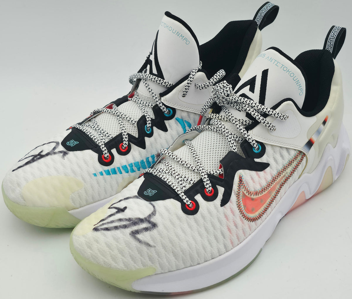 Giannis Antetokounmpo Autographed 2024 Player Exclusive (PE) Promo Duke Blue Devils Black Nike Zoom Freak 6 NCAA Shoes Size 17 (No Box) Beckett BAS Witness #3W396446 & #3W396447