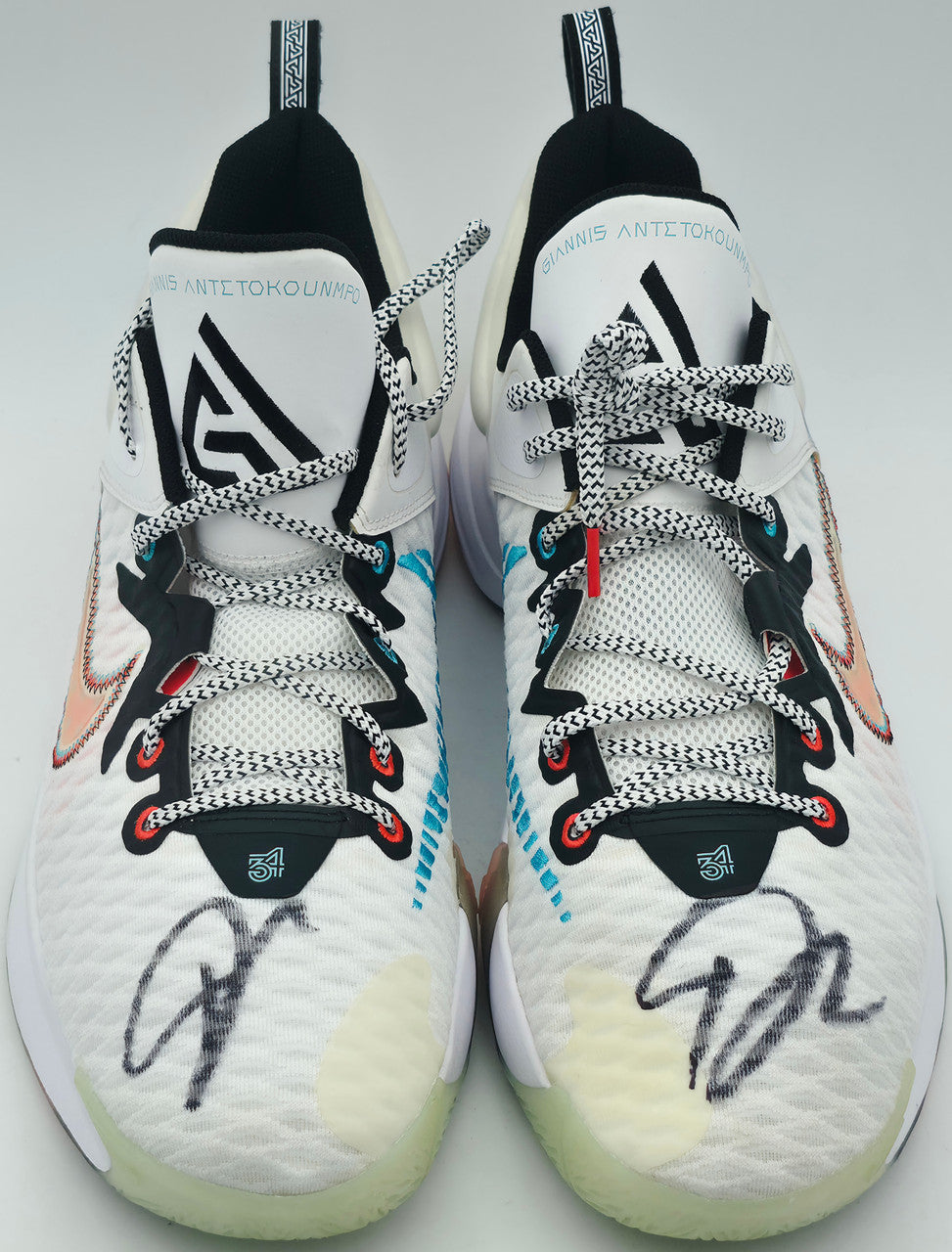 Giannis Antetokounmpo Autographed 2024 Player Exclusive (PE) Promo Duke Blue Devils Black Nike Zoom Freak 6 NCAA Shoes Size 17 (No Box) Beckett BAS Witness #3W396446 & #3W396447