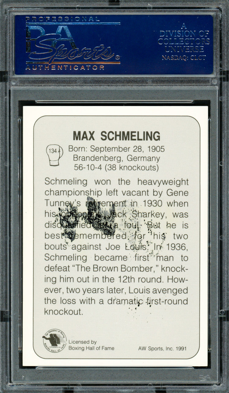 Max Schmeling Autographed 1991 AW Sports Card #134 (Smudged) PSA/DNA #83314056