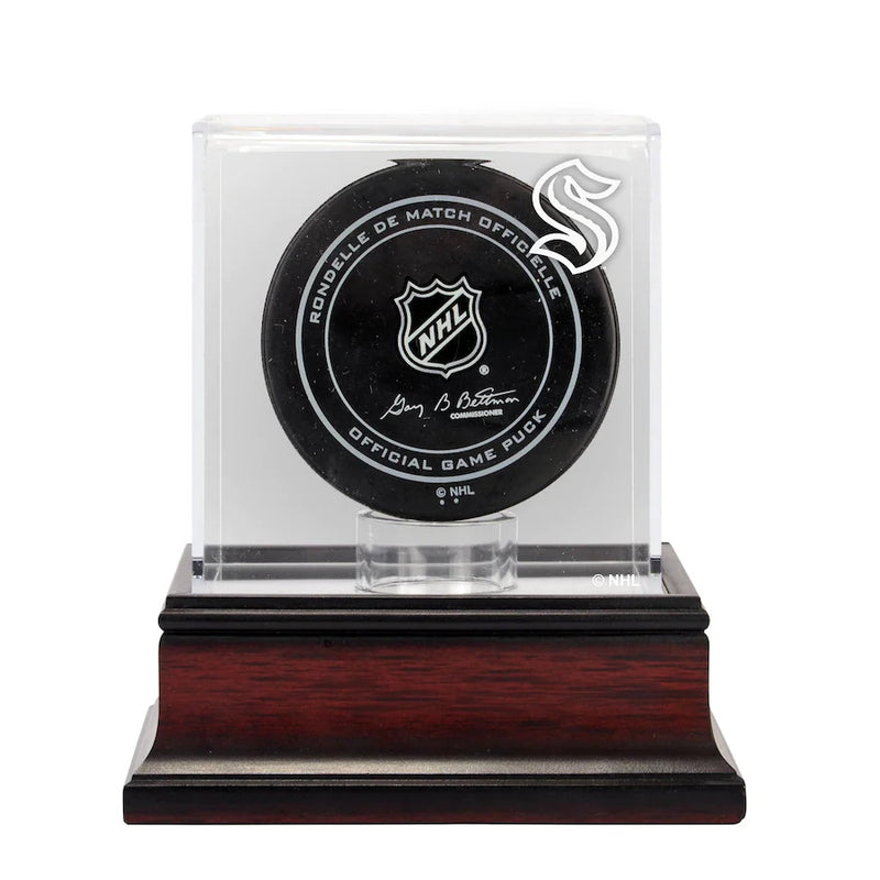 Fanatics Seattle Kraken Mahogany Base Display Case For Hockey Pucks With Team Logo Stock #210473