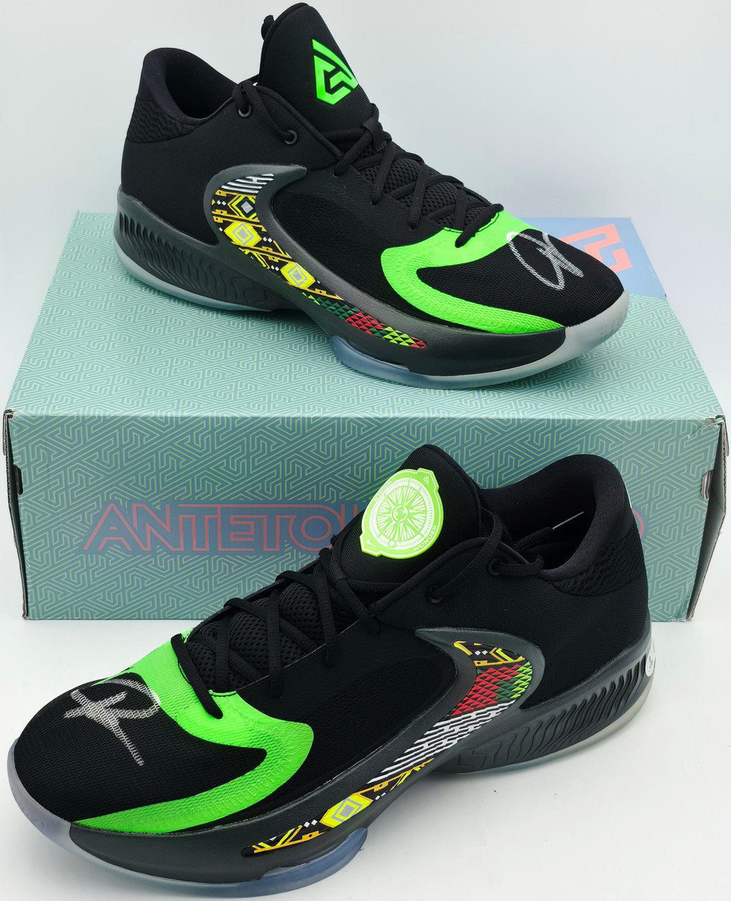 Giannis Antetokounmpo Autographed 2024 Player Exclusive (PE) Promo Black Nike Zoom Freak 6 Shoes Bucks Size 17 Beckett BAS Witness Stock #252733