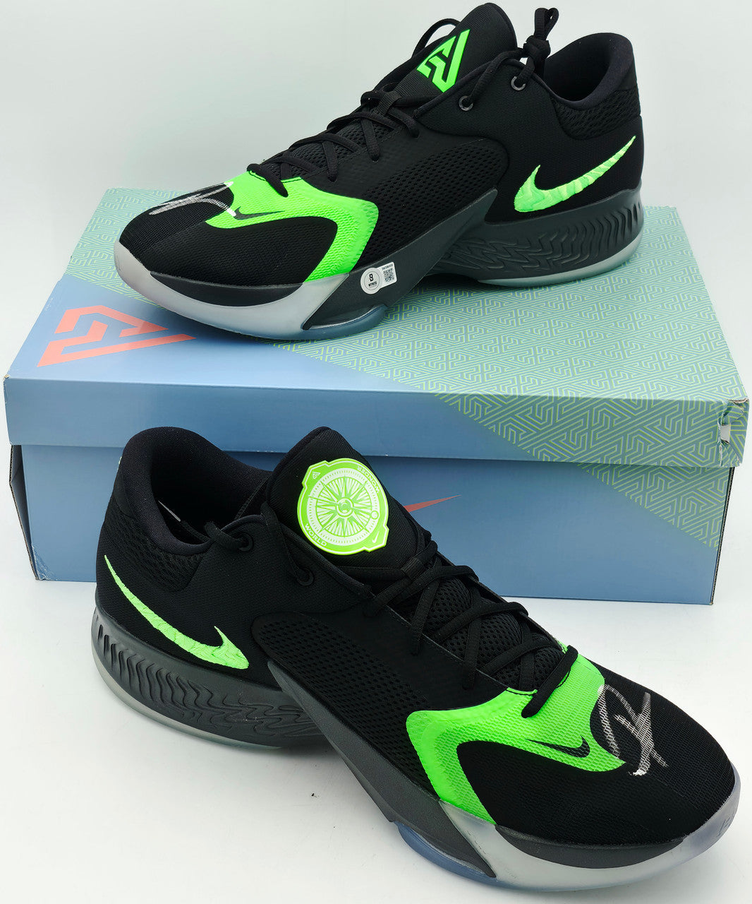 Giannis Antetokounmpo Autographed 2024 Player Exclusive (PE) Promo Black Nike Zoom Freak 6 Shoes Bucks Size 17 Beckett BAS Witness Stock #252733