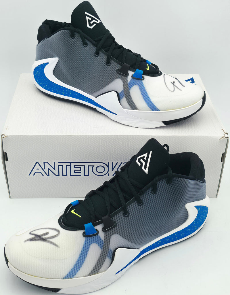 Giannis Antetokounmpo Autographed 2019 Player Exclusive (PE) Promo White Nike Zoom Freak 1 MSCO Shoes Bucks Size 17 Beckett BAS Witness Stock #252759