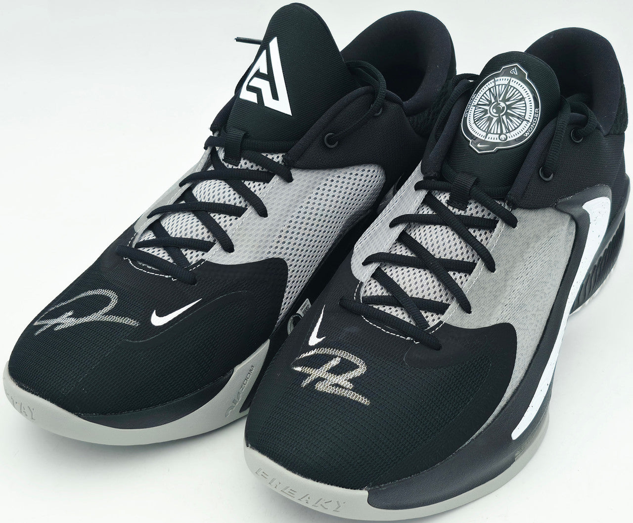 Giannis Antetokounmpo Autographed 2021 Player Exclusive (PE) Promo Baylor Gold Nike Zoom Freak 3 NCAA Shoes Size 17 (With Box) Beckett BAS Witness #3W396622 & #3W396623