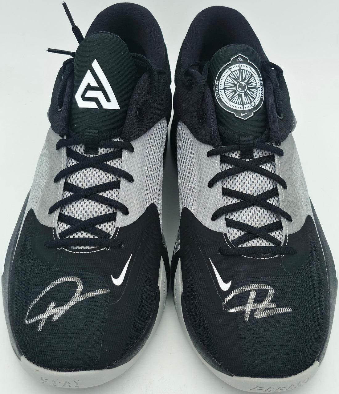 Giannis Antetokounmpo Autographed 2021 Player Exclusive (PE) Promo Baylor Gold Nike Zoom Freak 3 NCAA Shoes Size 17 (With Box) Beckett BAS Witness #3W396622 & #3W396623