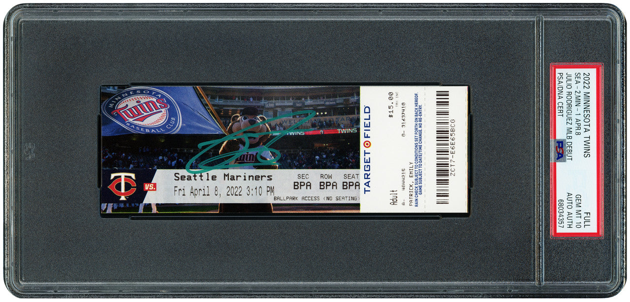 Julio Rodriguez Autographed 2022 MLB Debut Rookie Full Ticket Seattle Mariners PSA 10 April 8th, 2022 PSA/DNA Stock #253244