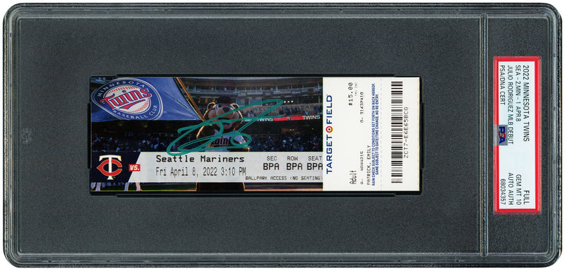 Julio Rodriguez Autographed 2022 MLB Debut Rookie Full Ticket Seattle Mariners PSA 10 April 8th, 2022 PSA/DNA Stock #253244