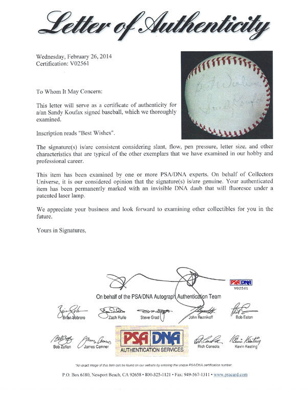 Sandy Koufax Autographed NL Baseball Los Angeles Dodgers "Best Wishes" Vintage Playing Days Signature PSA/DNA #V02561