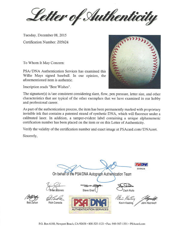 Willie Mays Autographed NL Giles Baseball San Francisco Giants "Best Wishes" 1950's Vintage Signature PSA/DNA #Z05624