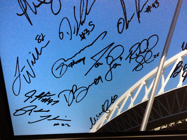 Seattle Seahawks Super Bowl XLVIII Champion Autographed Framed 20x30 Canvas Photo "SB XLVIII Champs!" With 42 Signatures Including Russell Wilson & Marshawn Lynch #/112 MCS Holo Stock #94470