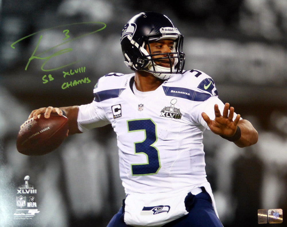 Russell Wilson Autographed 16x20 Photo Seattle Seahawks Super Bowl "SB XLVIII Champs" RW Holo Stock #105132