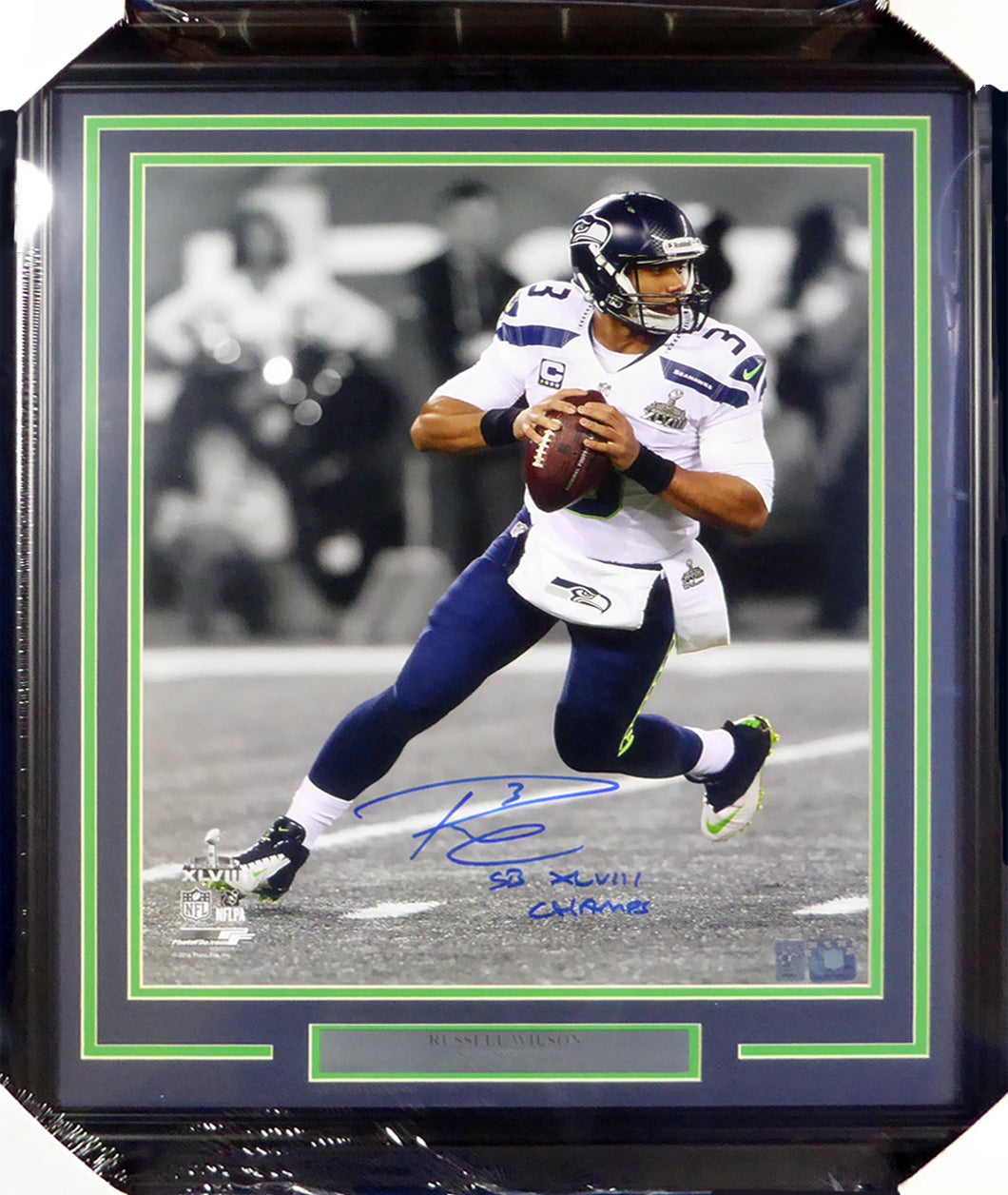Russell Wilson Autographed Framed 16x20 Photo Seattle Seahawks Super Bowl "SB XLVIII Champs" RW Holo Stock #126675
