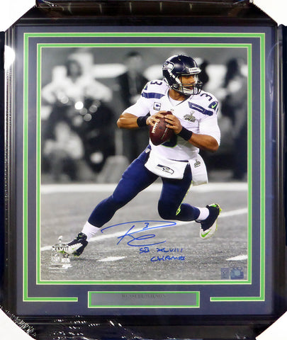 Russell Wilson Autographed Framed 16x20 Photo Seattle Seahawks Super Bowl "SB XLVIII Champs" RW Holo Stock #126675