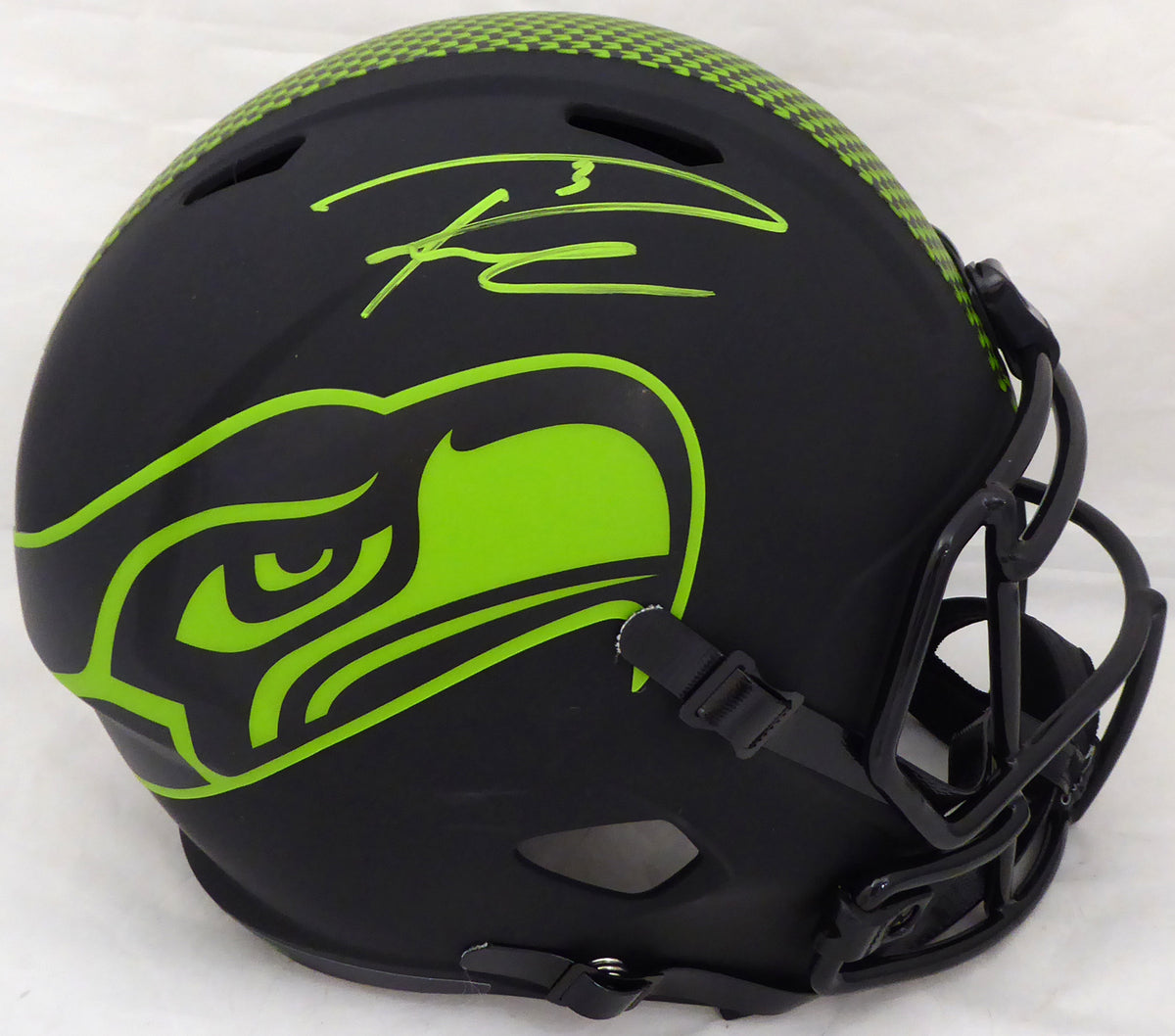 Russell Wilson Autographed Seattle Seahawks Eclipse Black Full Size Speed Replica Helmet In Green RW Holo Stock #178955